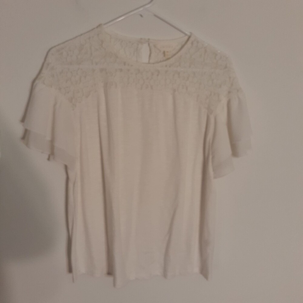 Adiva top white lace short sleeve shirt blouse M medium boho career summer top